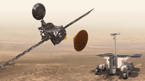 Miembros del programa ExoMars. La sonda TGO (izquierda), el módulo de aterrizaje experimental Schiaparelli (centro) y rover de exploración, cuyo lanzamiento está previsto para 2020