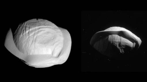 Pan tiene forma de ravioli. Parece ser que en su ecuador se ha acumulado hielo y otros materiales procedentes de los anillos de Saturno