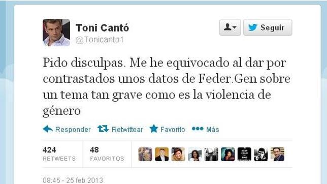 Disculpas de Toni Cantó en Twitter
