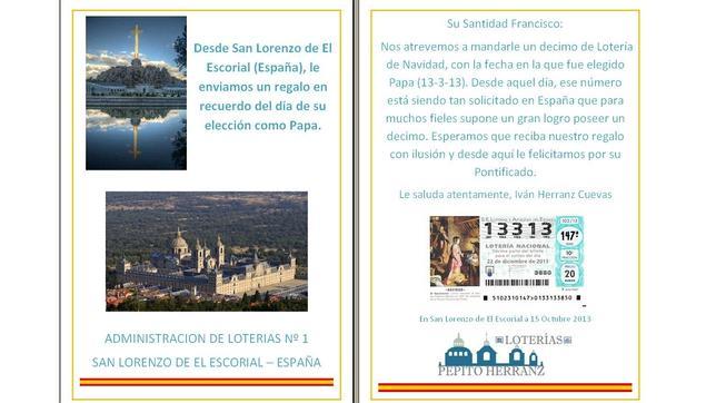 La carta enviada al Papa con el décimo de lotería del número 13313
