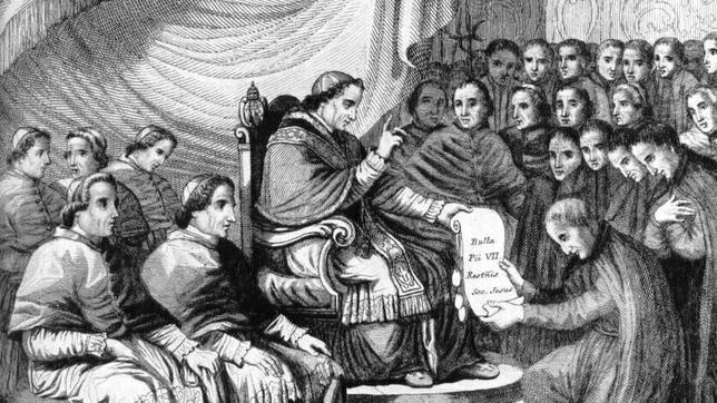 Grabado sobre la restauración de la Compañía de Jesús por el Papa Pio VII en 1814