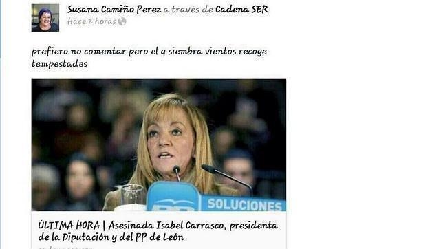 Captura del tuit de la concejal socialista de Villagarcía de Arosa (Pontevedra)Susana Camiño, que dejó el cargo