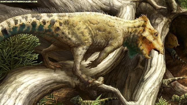 Reconstrucción artística de Aquilops en su entorno de la antigua Montana