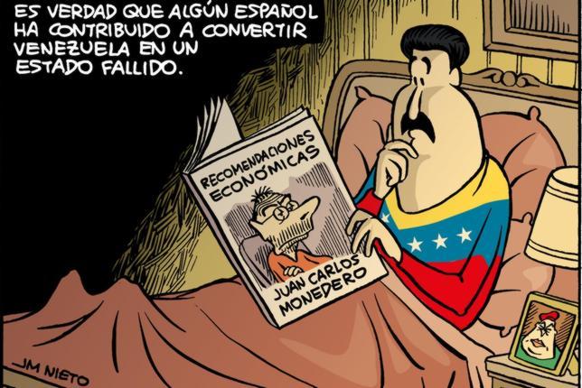 Viñeta de Nieto acerca de la vinculación de Juan Carlos Monedero con el régimen bolivariano venezolano, acerca del cual tiene dos preguntas en su examen a los universitarios