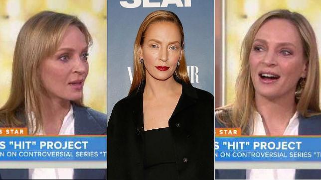 Uma Thurman, en la imagen del centro, supuestamente operada tal y como apareció el pasado día 9 de febrero. Las otras dos son capturas de su paso por el programa de la NBC tres días después