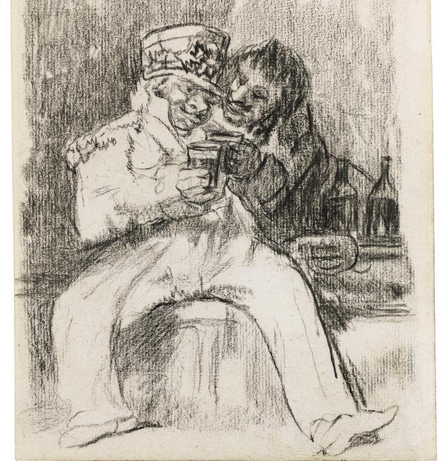 «Un soldado francés con un compañero de copas», dibujo de los últimos años de Goya