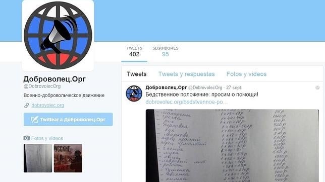 Perfil en la red social Twitter de la página web rusa que recluta voluntarios para Siria