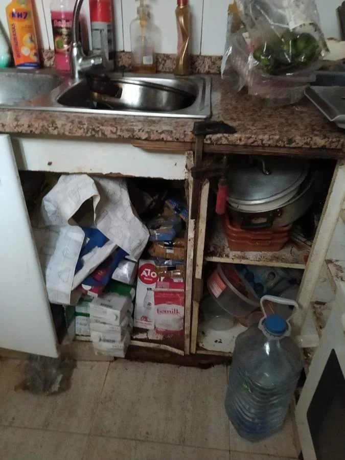 La cocina, destrozada y llena de mugre