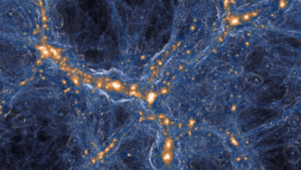 Simulación de galaxias y gases en el universo. Dentro del gas en los filamentos (azules) que conectan las galaxias (anaranjadas) se esconden bolsas raras de gas prístino, vestigios del Big Bang que de alguna manera han quedado huérfanos de las explosivas y contaminantes muertes de estrellas, que se ven aquí como ondas de choque circulares alrededor de puntos naranjas