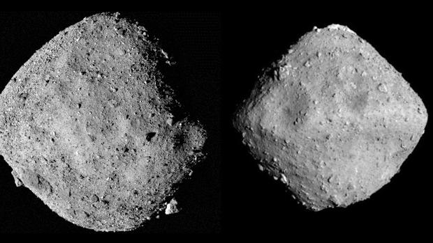 Los asteroides Bennu (izquierda) y Ryugu (derecha). No están a escala: el primero mide unos 262 metros y el segundo unos 900