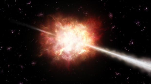 Los estallidos de rayos gamma (GRBs), en la imagen, son potentes explosiones de rayos gamma que duran segundos o minutos, y que se producen en galaxias lejanas