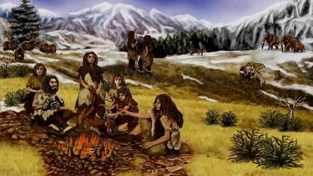 RecreaciÃ³n de un grupo neandertal en una imagen de archivo
