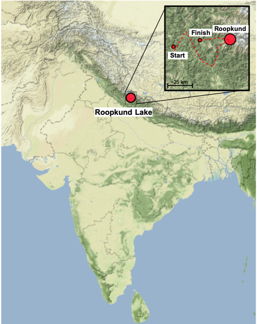 Mapa que muestra la ubicación del lago Roopkund en el Himalaya, con el recuadro que muestra la ruta de la peregrinación de Nanda Devi Raj Jat