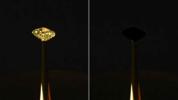Un diamante amarillo natural de 16,78 quilates, recubierto con el nuevo material a base de nanotubos de carbono, el más negro registrado