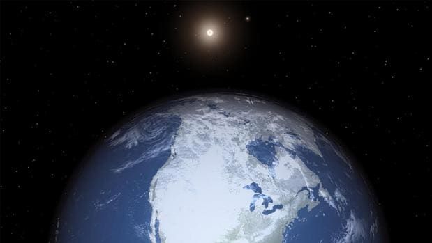 Representación de una tierra helada, sacudida por los drásticos cambios de su eje de rotación en Alfa Centauri