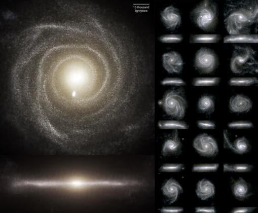 Varias simulaciones de galaxias espirales. El modelo empleado en estos trabajos, TNG50, ha arrojado nueva luz sobre el proceso de formación de los discos galácticos