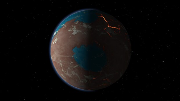 Ilustración de Marte en sus comienzos, con signos de agua líquida, actividad volcánica a gran escala y fuertes bombardeos de proyectiles planetarios