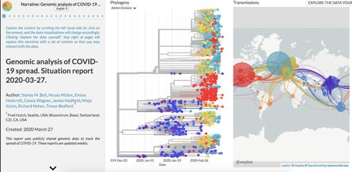 Captura de la web Nexstrain. Las mutaciones permiten reconstruir la historia de la transmisión del virus