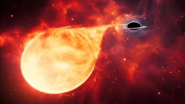 Ilustración de un agujero negro de masa media engullendo una estrella