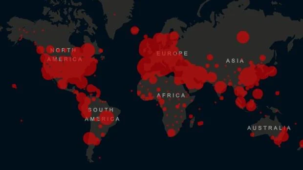 Mapa mostrando la distribución del coronavirus en el mundo.