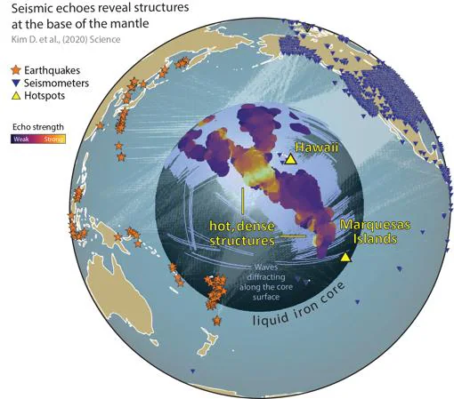 El gráfico muestra la enorme estructura encontrada junto al núcelo terrestrey justo debajo de las islas Hawaii.