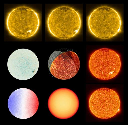 Imágenes tomadas por los instrumentos EUI y PHI del Sol a 77 millones de kilómetros de la estrella en diferentes longitudes de onda Imágenes tomadas por los instrumentos EUI y PHI del Sol a 77 millones de kilómetros de la estrella en diferentes longitudes de onda