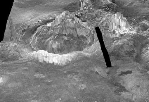Esta representación en 3D muestra dos coronas observadas en la superficie de Venus. Las estructuras en forma de anillo se forman cuando el material caliente de las profundidades del planeta se eleva a través del manto y entra en erupción a través de la corteza.. La línea negra representa una brecha en los datos