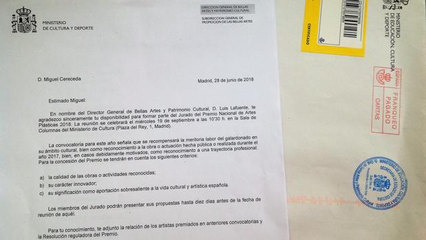 Carta enviada el 28 de junio a Miguel Cereceda desde la Dirección General de Bellas Artes del Ministerio, en la que se confirma que es jurado del premio