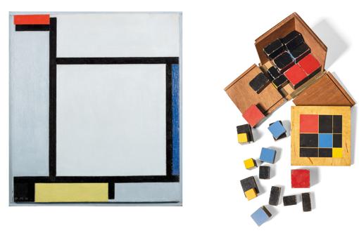 A la izquierda, «Composición en rojo, azul, negro, amarillo y gris», de Mondrian (Gemeentemuseum, La Haya). A la derecha, bloques matemáticos de María Montessori para realizar ejercicios de psicoaritmética (Colección Juan Bordes).