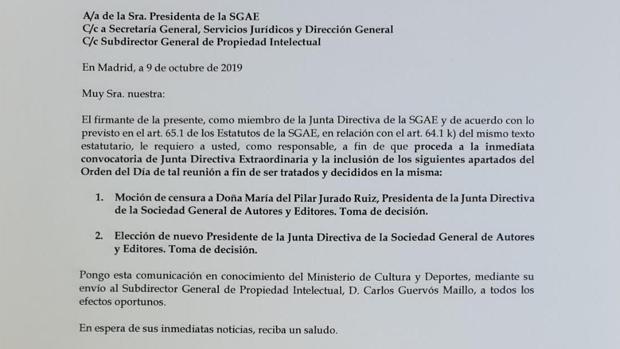 Carta presentada por José de Eusebio pidiendo una moción de censura