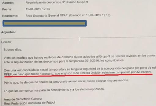 Email de la RFAF a los clubes de abril de 2019 sobre la composición de un Grupo IX supernumerario para la temporada 2019-20
