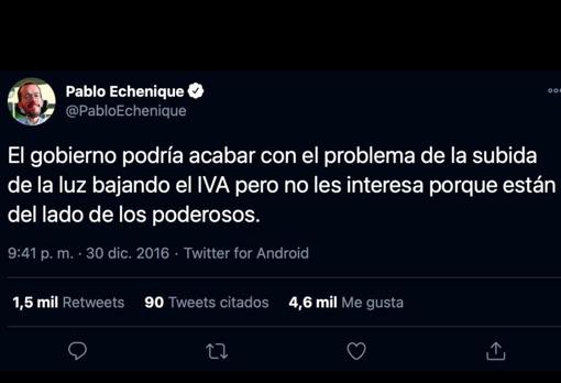 Pablo Echenique defends the lowering of VAT on electricity on his Twitter account in 2016