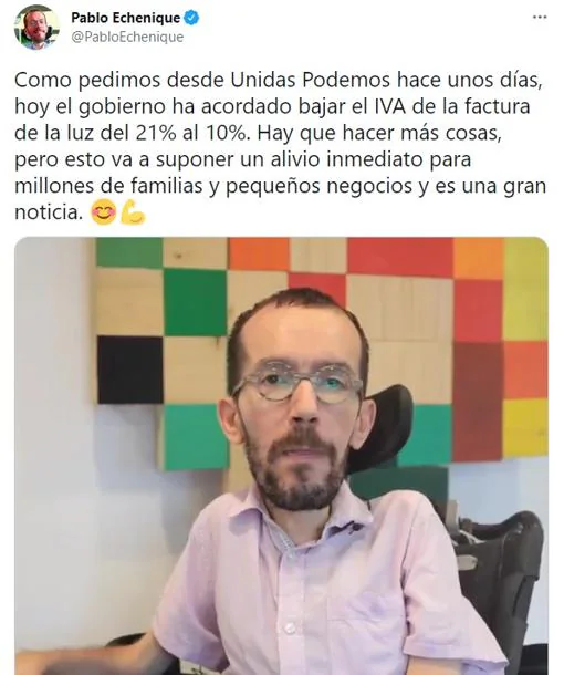 Pablo Echenique celebrates the reduction of VAT on electricity on his Twitter account
