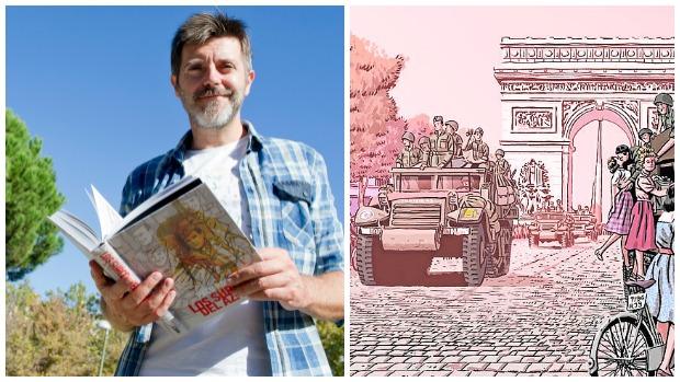 Paco Roca posa para ABC en el Jardín de los Combatienes de la Nueve; al lado, una viñeta de la obra «Los surcos del azar»