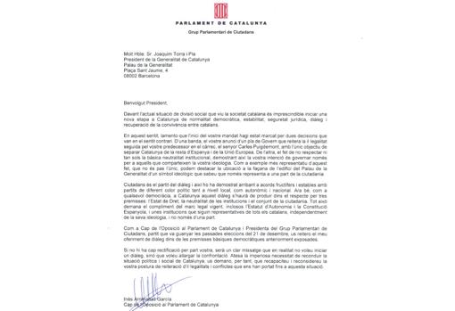 Aarrimadas ha mandado una carta a Torra con sus peticiones