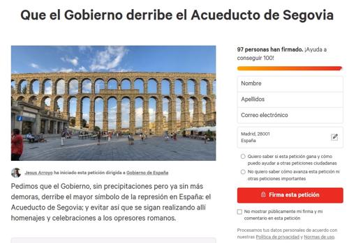 Iniciativa en change.org pidiendo la demolición del Acueducto