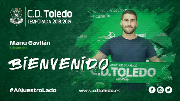 Cartel de bienvenida a Manu Gavilán, el nuevo delantero del CD Toledo