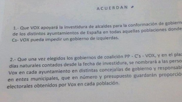 Acuerdo para el Ayuntamiento firmado por Vox y PP que habla de «Gobiernos de coalición»