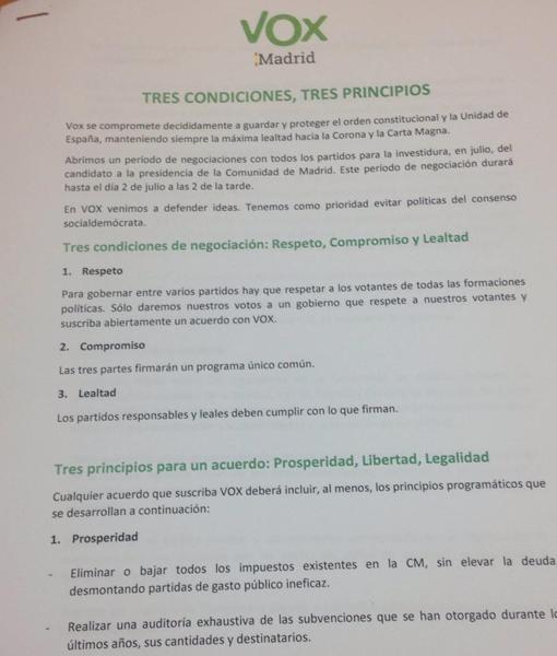 Programa de mínimos presentado por Vox para un acuerdo en la Asamblea