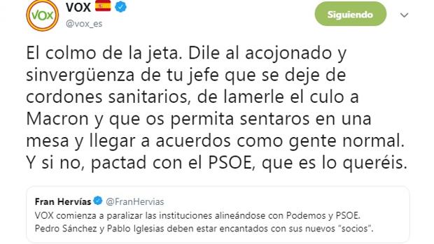 El tuit que ha publicado Vox en resupuesta al secretario de organización de Cs