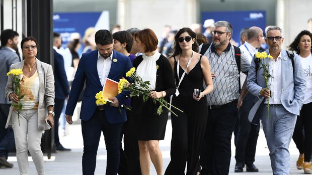 El grupo parlamentario de ERC llega al Congreso con flores amarillas
