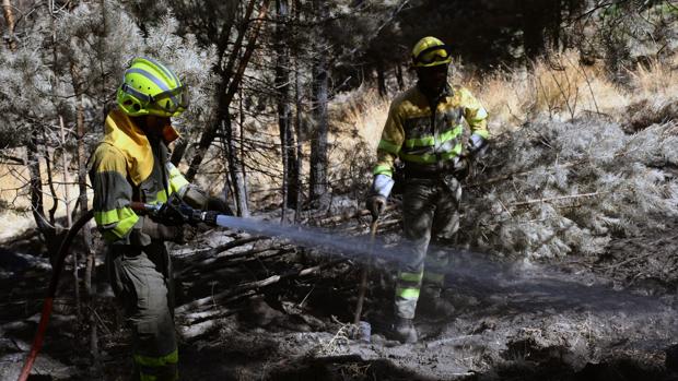 Los bomberos refrescan la zona afectada por el incendio que se originó el pasado 4 de agosto en La Granja