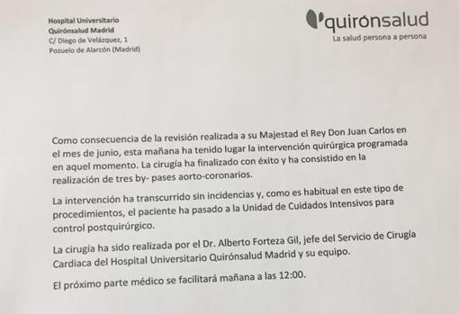 Parte emitido por el hospital sobre el estado de salud del Rey Juan Carlos