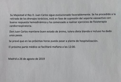 Parte médico difundido este lunes