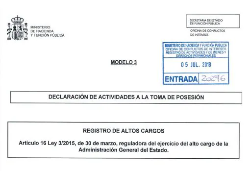 Encabezamiento de la «declaración de actividades a la toma de posesión» de Pedro Sánchez como presidente del Gobierno