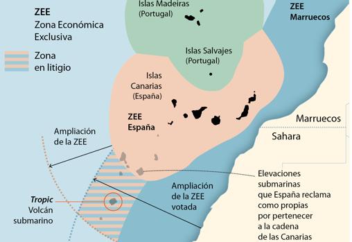 Mapa de la nueva delimitación de aguas y la situación de Tropic