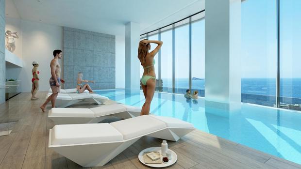 Imagen virtual de la piscina en la planta 26 del nuevo edificio en construcción en Benidorm