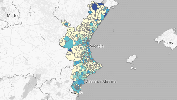 Mapa de los rebrotes de coronavirus por municipios en las dos últimas semanas en la Comunidad Valenciana