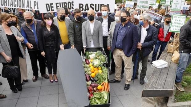 Entierro simbólico de hortalizas y frutas durante la protesta contra los recortes del trasvase Tajo-Segura en Alicante, este jueves