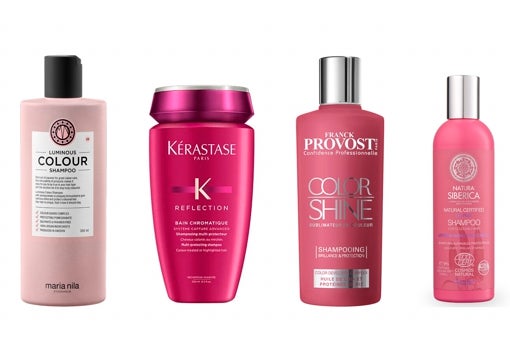 From left to right: María Nila Luminous Color Shampoo (€ 27); Kérastase Reflection Bain Chromatique Riche Dyed Hair Shampoo (€ 13.80); Franck Provost Color Shine Shampoo (€ 13.20); and Oil-plex Shampoo for colored hair by Natura Siberica (€ 5.29).
